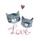 Gray cats kiss, pink word love heart, watercolor