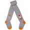 Gray children`s tights with a pattern and orange heels and toes, half twisted, on a white background