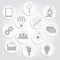 Gray circular icons of business and science