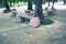 Gray concrete walkway with tree and tree side seating.