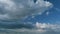 Gray cumulus rain dark clouds panoramic view. Massive dark rain storm clouds bg for weather forecast. Timelapse.