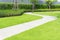 The gray curve pattern walkway, sand washed finishing on concrete paving, a smooth green grass lawn in a garden, trees, shrub