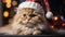 A gray cute  cat in a santa hat sits in front of the decorated Christmas tree