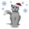 Gray domestic cat in a New Year s cap on a background with snowflakes
