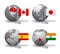 Gray Earth globes with designation of Canada, Japan, Spain and India