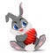 Gray Easter Rabbit sitting and holding egg. Cute cartoon Easter Bunny character.