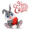 Gray Easter Rabbit sitting and holding egg. Cute cartoon Easter Bunny character with hand drawn lettering.