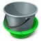 Gray empty plastic bucket with black handle in green basin.