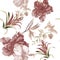 Gray Flower Painting. Brown Summer Set. Seamless Leaves. Watercolor Decor. Pattern Textile. Floral Backdrop. Exotic Set. Botanical