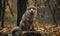 Gray fox sitting in a forest in autumn, Gray fox (Urocyon cinereoargenteus