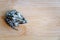 Gray frog sitting on a wooden deck, background.