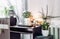 Gray gender neutral home office with lot of calming green live potted flower plants growing. Green healthy calm lifestyle concept.