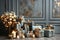 Gray gift boxes with golden bows, white roses and candles in antique interior. Generative AI