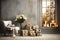 Gray gift boxes with golden bows, white roses and candles in antique interior. Generative AI