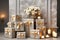 Gray gift boxes with golden bows, white roses and candles in antique interior. Generative AI