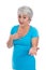 Gray-haired woman in turquoise explains something - isolated on