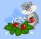 A gray hamster with a berry in the paws stands in strawberry bushes. Illustration on a blue background.