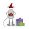 Gray happy boy mouse in red hat, stockings and mittens keep gifts.