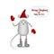 Gray happy boy mouse in red hat, stockings and mittens waves his hand.