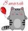 Gray happy cat - greeting card 8 march