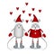 Gray happy mice, boy and a girl in a red cap, stockings and mittens holding hands and red hearts.