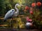 A gray heron stands on one leg