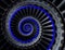 Gray industrial air craft turbine blades spiral background pattern with blue neon glow coil. Metal turbine wings repetitive back d