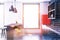 Gray kitchen interior, red fridge side view toned