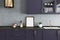 Gray kitchen, purple countertops, poster