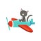 Gray kitten with cute muzzle flying on colorful airplanes. Cartoon domestic animal character. Flat vector design for