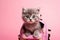 A gray kitten peeks out of a school backpack on pink background.