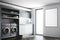 Gray laundry room, gray washing machines, poster