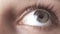 The gray left eye of a young woman follows the hand of a man reflected in her eye. Look up. Healthy eyes. Good vision