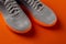 Gray mesh fabric sneakers with orange sole over orange background