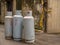 Gray, metallic gas cylinders