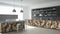 Gray modern minimalistic kitchen, with classic wood fittings, panoramic window, modern interior design