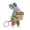 A gray mouse in blue jacket and brown pants holds the bucket with bouquet of rose flowers