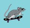 Gray mouse character in sunglasses on skateboard with cats skulls, hand drawn doodle, sketch, vector illustration