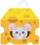 Gray mouse peeking out of hole inside on cheese