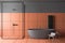 Gray and orange tile bathroom, tub and shower