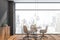 Gray panoramic dining room interior