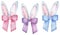 Gray and pink color bunny ears with striped colorful bows. Watercolor Easter illustration isolated on white background