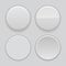 Gray plastic buttons. 3d round signs - normal, active, pushed