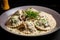 A gray plate of ravioli in a creamy white sauce with mushrooms