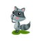 Gray raccoon with surprised face expression. Animal with pink cheeks and striped tail. Flat vector element for mobile