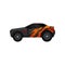 Gray racing car with black tinted windows and orange wrap decal. Automobile theme. Flat vector for mobile game, promo