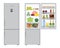 Gray refrigerator with open doors, a full of food