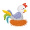 Gray rooster with a colorful tail in the nest. Vector illustration on a white background.