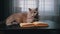 Gray Scottish Domestic Cat Lying on a Table with an Open Book in a Dark Room