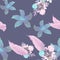 Gray Seamless Illustration. Navy Pattern Leaf. Violet Tropical Texture. Azure Flower Botanical. Cobalt Spring Leaf.